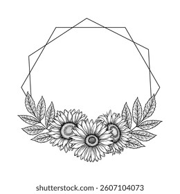 Vector sunflowers polygon frame illustration, line art floral composition. Graphic monochrome drawing. Hand drawn flowers outline sketch, engraved illustration. Template for wedding invitation, logo.