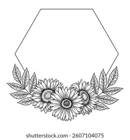 Vector sunflowers polygon frame illustration, line art floral composition. Graphic monochrome drawing. Hand drawn flowers outline sketch, engraved illustration. Template for wedding invitation, logo.