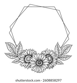 Vector sunflowers polygon frame illustration, line art floral composition. Graphic monochrome drawing. Hand drawn flowers outline sketch, engraved illustration. Template for wedding invitation, logo.