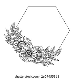 Vector sunflowers polygon frame illustration, line art floral composition. Graphic monochrome drawing. Hand drawn flowers outline sketch, engraved illustration. Template for wedding invitation, logo.