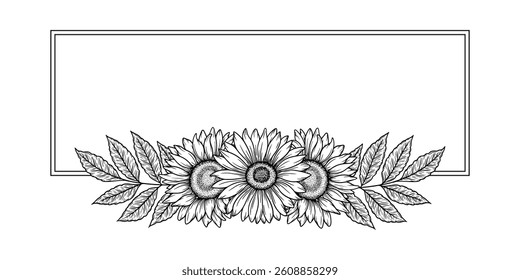 Vector sunflowers rectangular frame illustration, line art floral border. Graphic monochrome drawing. Hand drawn flowers outline sketch, engraved illustration. Template for wedding invitation, logo.