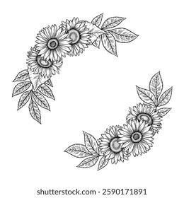 Vector sunflowers round frame illustration, line art floral wreath. Graphic monochrome drawing. Hand drawn flowers outline sketch, engraved illustration. Template for wedding invitation, logo.