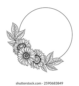Vector sunflowers round frame illustration, line art floral wreath. Graphic monochrome drawing. Hand drawn flowers outline sketch, engraved illustration. Template for wedding invitation, logo.