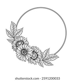 Vector sunflowers round frame illustration, line art floral wreath. Graphic monochrome drawing. Hand drawn flowers outline sketch, engraved illustration. Template for wedding invitation, logo.