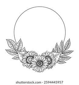 Vector sunflowers round frame illustration, line art floral wreath. Graphic monochrome drawing. Hand drawn flowers outline sketch, engraved illustration. Template for wedding invitation, logo.