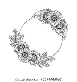 Vector girasoles redondo marco ilustración, línea de arte floral corona. Dibujo gráfico monocromo. Dibujado a mano boceto de contorno de flores, ilustración grabado. Plantilla para invitación de boda, logotipo.