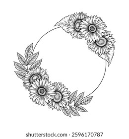 Vektor Sonnenblumen runden Rahmen Illustration, Linie Kunst Blumenkranz. Grafische monochrome Zeichnung. Handgezeichnete Blumen Skizze, gravierte Illustration. Vorlage für Hochzeitseinladung, Logo.