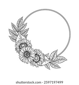 Vector sunflowers round frame illustration, line art floral wreath. Graphic monochrome drawing. Hand drawn flowers outline sketch, engraved illustration. Template for wedding invitation, logo.