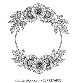 Vector sunflowers round frame illustration, line art floral wreath. Graphic monochrome drawing. Hand drawn flowers outline sketch, engraved illustration. Template for wedding invitation, logo.
