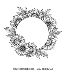 Vector girasoles redondo marco ilustración, línea de arte floral corona. Dibujo gráfico monocromo. Dibujado a mano boceto de contorno de flores, ilustración grabado. Plantilla para invitación de boda, logotipo.