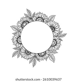 Vector sunflowers round frame illustration, line art floral wreath. Graphic monochrome drawing. Hand drawn flowers outline sketch, engraved illustration. Template for wedding invitation, logo.