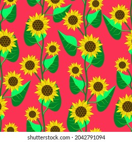 Vector - sunflowers seamless pattern with leaves, template.