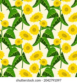 Vector - sunflowers seamless pattern with leaves, template.