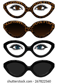 Vector sunglasses and eye glasses. Eyes under glasses. Leopard print.