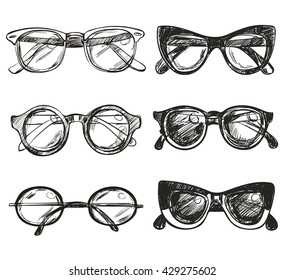 Vector Sunglasses Icons Set Isolated On White Background. Hand Drawn Sketch