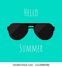 Vector sunglasses isolated on cyan color background. Hello summer card