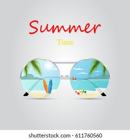 Vector sunglasses that reflect a beautiful beach in summer on a grey background.