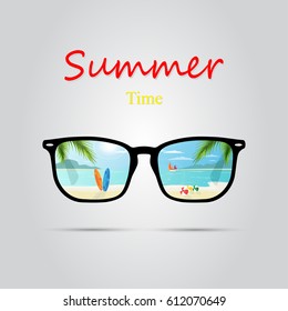 Vector sunglasses that reflect a beautiful beach in summer on a grey background.