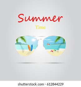Vector sunglasses that reflect a beautiful beach in summer on a grey background.