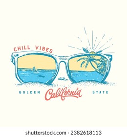 Vector sunglasses with tropical beach reflection illustration, for t-shirt print and other uses.  Palm tree, graphic print design. Enjoy summer time vector design. Summer retro graphic print design.