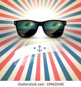 Vector sunglasses with tropical island reflection in the lens, background summer illustration