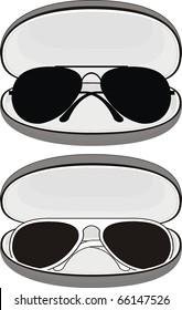 Vector sunglasses (white plastic and black metal frames) in cases on white background
