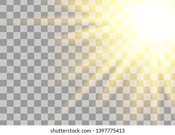 Vector of sunlight. Bright rays of illumination on transparent background. Vector illustration with glow light effect.