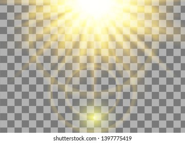 Vector of sunlight. Bright rays of illumination on transparent background. Vector illustration with glow light effect.