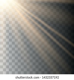 Vector of sunlight, bright rays of illumination on a transparent background. Lens flare light effect. Sun rays