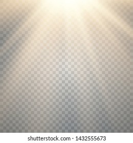 Vector of sunlight, bright rays of illumination on a transparent background. Lens flare light effect. Sun rays