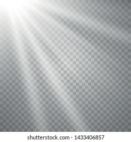 Vector of sunlight, bright rays of illumination on a transparent background. Lens flare light effect. Sun rays