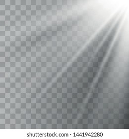 Vector of sunlight, bright rays of illumination on a transparent background. Lens flare light effect. Sun rays