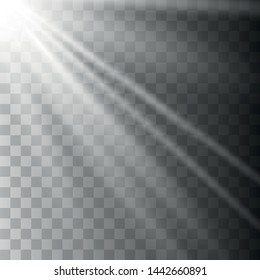 Vector of sunlight, bright rays of illumination on a transparent background. Lens flare light effect. Sun rays