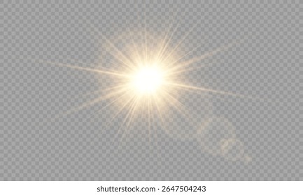 Luz solar vetorial pisca em fundo transparente. Raios de sol brilhantes, explosão de luz, efeito de brilho, sobreposição PNG