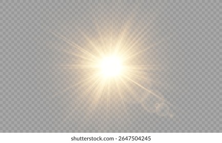 Luz solar vetorial pisca em fundo transparente. Raios de sol brilhantes, explosão de luz, efeito de brilho, sobreposição PNG