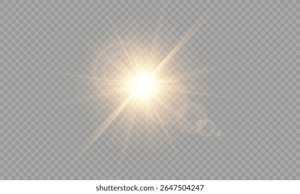 Luz solar vetorial pisca em fundo transparente. Raios de sol brilhantes, explosão de luz, efeito de brilho, sobreposição PNG
