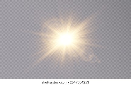Luz solar vetorial pisca em fundo transparente. Raios de sol brilhantes, explosão de luz, efeito de brilho, sobreposição PNG
