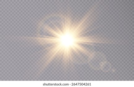Luz solar vetorial pisca em fundo transparente. Raios de sol brilhantes, explosão de luz, efeito de brilho, sobreposição PNG