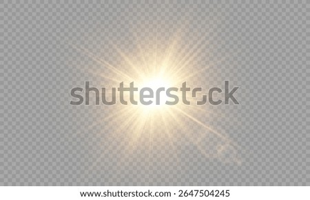 Vector Sunlight Lens Flare on Transparent Background. Bright Sun Rays, Light Burst, Glare Effect, PNG Overlay