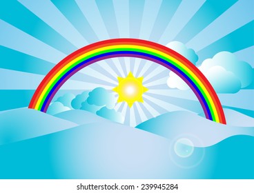 Vector sunlight and  rainbow with cloud on blue sky