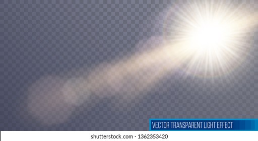 Vector sunlight special lens flare light effect. Sun flash shining with rays and spotlight. Flares and gleams rounded and hexagonal shapes. Isolated on transparent background