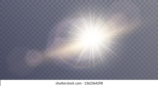 Vector sunlight special lens flare light effect. Sun flash shining with rays and spotlight. Flares and gleams rounded and hexagonal shapes. Isolated on transparent background