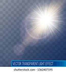 Vector sunlight special lens flare light effect. Sun flash shining with rays and spotlight. Flares and gleams rounded and hexagonal shapes. Isolated on transparent background