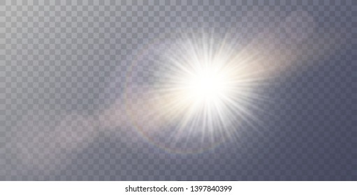 Vector sunlight special lens flare light effect. Sun flash shining with rays and spotlight. Flares and gleams rounded and hexagonal shapes. Isolated on transparent background
