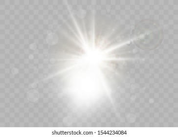 Vector sunlight special lens flare light effect. Sun flash shining with rays and spotlight. Flares and gleams rounded and hexagonal shapes. Isolated on transparent background