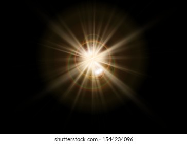 Vector sunlight special lens flare light effect. Sun flash shining with rays and spotlight. Flares and gleams rounded and hexagonal shapes. Isolated on transparent background