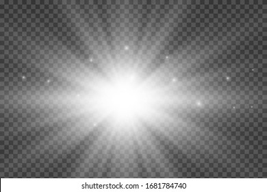 Vector sunlight special lens flare light effect. Sun flash shining with rays and spotlight. Flares and gleams rounded and hexagonal shapes. Isolated on transparent background