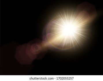 Vektorillustration Sonnenlicht spezielle Linse Fackel Lichteffekt. Sonnenblitz mit Strahlen und Spotlight. Aroma- und Flammen, abgerundet und sechseckig.