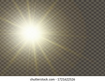 Vector sunlight special lens flare light effect. Sun flash shining with rays and spotlight. Flares and gleams rounded and hexagonal shapes. Isolated on transparent background.