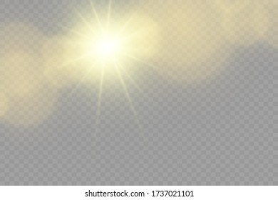 Vector sunlight special lens flare light effect. Sun flash shining with rays and spotlight. Flares and gleams rounded and hexagonal shapes. Isolated on transparent background